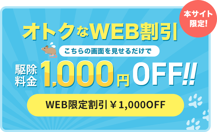 本サイト限定! オトクなWEB割引 こちらの画面を見せるだけで 駆除料金1,000円OFF!! WEB限定割引 ¥1,000OFF